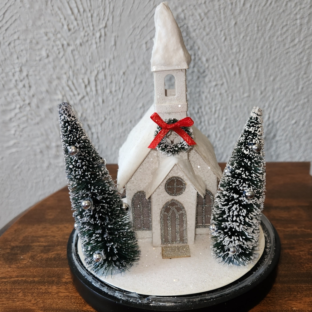White and Green Holiday Decor with Snowy Church Scene